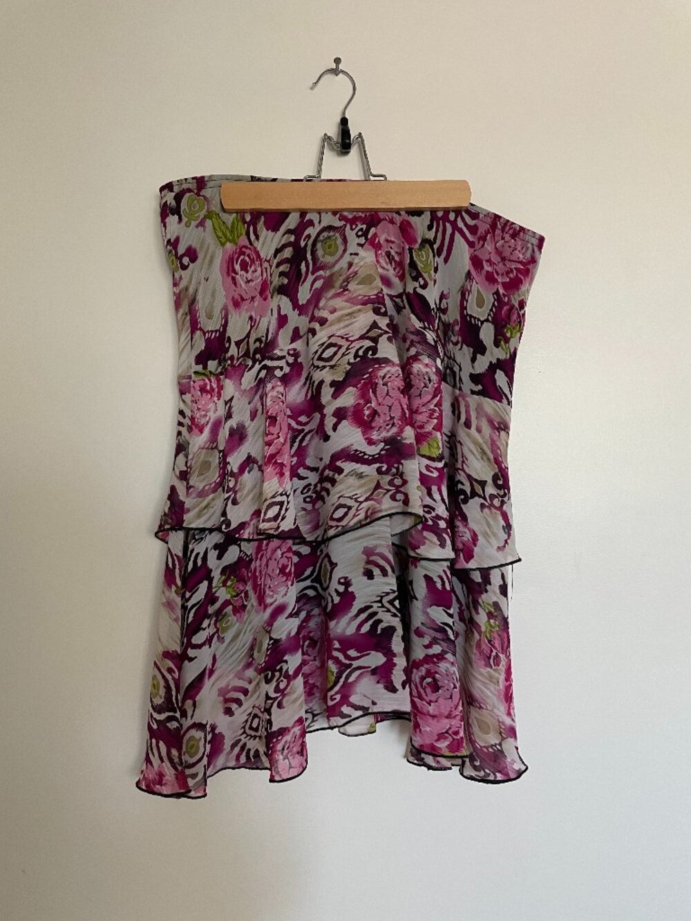 Floral Layered Midi Flowy Skirt — Pink & Green Print Boho Paisley Y2K